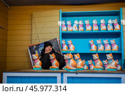 Россия, Москва, Площадь Революции - Январь 2025. Девочка за прилавком с кошками - копилками на рынке. Декорации из фильма Леонида Гайдая "Операция "Ы" и другие приключения Шурика. Фотозона. Russia, Moscow, Revolution Square - January 2025. The girl behind the counter with the piggy bank cats at the market. Scenery from Leonid Gaidai's film "Operation Y" and other adventures of Shurik. The photo zone. Стоковое фото, фотограф Мария / Фотобанк Лори