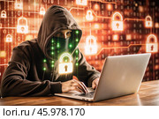 The hacker is working on a laptop, digital codes on a virtual background. Hacking and protecting online data. Digital technologies, software development. Стоковое AI-изображение, AI-художник Photojuli / Фотобанк Лори