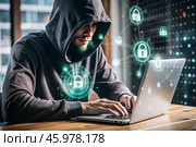 The hacker is working on a laptop, digital codes on a virtual background. Hacking and protecting online data. Digital technologies, software development. Стоковое AI-изображение, AI-художник Photojuli / Фотобанк Лори