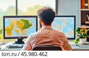 Cartographer analyzing maps on computer screens in a bright office. Стоковое AI-изображение, AI-художник Юрий Поздников / Фотобанк Лори