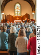 Congregation listening to priest giving sermon in church. Стоковое AI-изображение, AI-художник Юрий Поздников / Фотобанк Лори