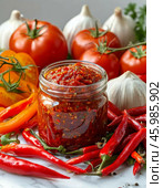 Homemade adjika is a hot seasoning. Nearby are ingredients - pepper, garlic, tomatoes. Стоковое AI-изображение, AI-художник Сергей Елизарьев / Фотобанк Лори