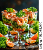 Shrimp cocktail salad. Enjoy your meal! Стоковое AI-изображение, AI-художник Сергей Елизарьев / Фотобанк Лори