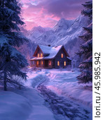 Sunrise in the mountains, early winter morning. Winter landscape. Стоковое AI-изображение, AI-художник Сергей Елизарьев / Фотобанк Лори