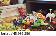 Organic waste, including leaves and grass clippings, is added into a compost pit, promoting eco-friendly recycling and composting of biodegradable materials. Стоковое AI-видео, аниматор ALLA YURTAYEVA / Фотобанк Лори
