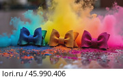 Three colorful bows are on a table with a pile of colorful powder. Стоковое AI-видео, аниматор Sergey Grishin / Фотобанк Лори