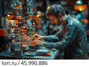 A young man working intently on a complex electronic circuit in a workshop or laboratory. He is sitting at a large table covered with components: microchips, wires, boards, tools, and parts. The atmosphere of the room is emphasized by the warm lighting coming from lamps and glowing pieces of equipment.The man is dressed in casual clothes: a plaid shirt that matches the work environment. His face shows seriousness and concentration, and his hands carefully work with small parts. In the background, you can see various devices, devices, and cabinets with equipment, which speaks of a high-tech environment and professionalism.The color scheme of the image includes warm shades of orange and muted blue tones, creating a balance between coziness and technical rigor. The details of the image indicate that the man is most likely an engineer, technician, or inventor who creates or repairs complex devices. Стоковое AI-изображение, AI-художник Анна Кривицкая / Фотобанк Лори