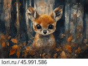 A cute baby animal with big black eyes, fluffy red fur and big ears. It is in a forest surrounded by autumn leaves. The background is made in dark tones, emphasizing the forest atmosphere and creating a sense of coziness and mystery. Autumn leaves with shades of orange, yellow and brown add contrast and warmth to the image. Стоковое AI-изображение, AI-художник Анна Кривицкая / Фотобанк Лори