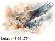 Fantasy bird, made in watercolor technique. The bird is depicted in flight, with detailed spread wings that turn into graceful ornaments. Its plumage contains shades of blue, gold and pastel tones, giving the work softness and airiness. In the background, the outlines of a fairy-tale castle or towers are guessed, which creates a sense of magic and a fairy tale. The painting conveys a feeling of freedom and lightness. Стоковое AI-изображение, AI-художник Анна Кривицкая / Фотобанк Лори