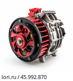Red and silver car alternator generating electricity for automotive use. Стоковое AI-изображение, AI-художник Иван Рябоконь / Фотобанк Лори