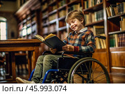 Disability. A child with disabilities in a wheelchair is reading a book in the library. Healthcare and medicine. Стоковое AI-изображение, AI-художник Photojuli / Фотобанк Лори