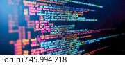 Close-up of computer screen displaying colorful lines of code, representing programming language syntax, software development, coding, digital data, IT, web development, script, monitor. Стоковое AI-изображение, AI-художник Павел Муравьев / Фотобанк Лори
