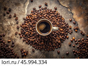 Cafes and restaurants.Mug with invigorating black coffee and natural coffee beans on a brown background, top view. Place for the label. The concept of hot drinks. Стоковое AI-изображение, AI-художник Photojuli / Фотобанк Лори