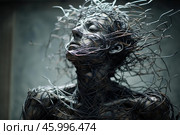 Metallic wires covering and strangling a futuristic woman with closed eyes. Стоковое AI-изображение, AI-художник Иван Рябоконь / Фотобанк Лори