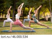 Group of girls practicing yoga at group session in sunny garden, performing Anjaneyasana, or Crescent Moon Pose. Стоковое фото, фотограф Яков Филимонов / Фотобанк Лори
