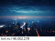 Illuminated skyscrapers dominating the night cityscape under moody clouds. Стоковое AI-изображение, AI-художник Иван Рябоконь / Фотобанк Лори