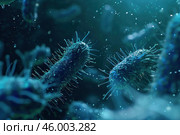 Microscopic view of bacteria cells is multiplying. Стоковое AI-изображение, AI-художник Иван Рябоконь / Фотобанк Лори