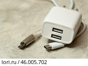 Белый блок питания с двумя портами USB и два кабеля USB-micro и USB Type-C на сером фоне. Адаптер питания, зарядное устройство для бытовой электроники. Редакционное фото, фотограф Sergei Gorin / Фотобанк Лори