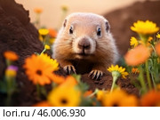 Black tailed prairie dog emerging from its burrow surrounded by flowers. Стоковое AI-изображение, AI-художник Иван Рябоконь / Фотобанк Лори