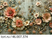 Beautiful handmade flowers covering a textured wall, creating a stunning floral decoration. Стоковое AI-изображение, AI-художник Иван Рябоконь / Фотобанк Лори
