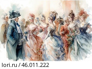 A scene from the 18th century, done in the style of a watercolor painting. The focus is on men and women in luxurious clothes and hairstyles typical of this time. The men are dressed in suits with waistcoats and cocked hats, and the women in lush dresses with corsets, decorated with ribbons and flowers. The atmosphere conveys the feeling of a ball or a social reception, filled with sophistication and refinement. Delicate pastel colors enhance the romance and historical authenticity of the scene. Стоковое AI-изображение, AI-художник Анна Кривицкая / Фотобанк Лори