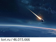 Large asteroid entering planet atmosphere with milky way galaxy. Стоковое AI-изображение, AI-художник Иван Рябоконь / Фотобанк Лори
