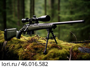 Camouflaged hunting rifle resting on mossy surface in forest. Стоковое AI-изображение, AI-художник Иван Рябоконь / Фотобанк Лори