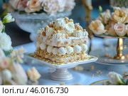 Delicious mille feuille cake decorated with cream and flowers sitting on a table. Стоковое AI-изображение, AI-художник Иван Рябоконь / Фотобанк Лори