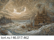 A complex and detailed fantasy scene, executed in a style reminiscent of decorative engraving. In the center of the composition is an exquisite building with architectural elements reminiscent of Russian wooden architecture. Nearby is a frozen river with boats covered in ice and a winter forest in the background. The sky is filled with swirling patterns of clouds, creating a dynamic and mystical atmosphere. The light in the center of the painting gives a sense of fairy tale and grandeur. Стоковое AI-изображение, AI-художник Анна Кривицкая / Фотобанк Лори