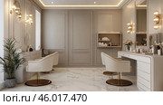 A modern and elegant beauty salon or studio. The interior is dominated by light shades: cream, beige and white, with elements of gold decor. In the center of the room are stylish chairs with gold bases, standing in front of mirrors. Cosmetics are neatly arranged on tables and shelves. The floor is made of light marble, adding luxury to the interior. The lighting is soft, with the use of exquisite sconces and built-in lamps. In the corner there is a decorative plant, enlivening the space. Стоковое AI-изображение, AI-художник Анна Кривицкая / Фотобанк Лори