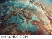 Digital connectivity across the globe at sunrise highlighting network and communication themes. Стоковое AI-изображение, AI-художник Zakharova Natasha / Фотобанк Лори