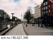 Klaipeda, Lithuania, February 2019, City street cloudy rainy day, little town. Редакционное фото, фотограф Spirit River / Фотобанк Лори