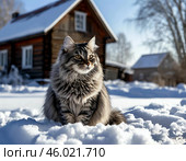красивый, большой, пушистый серый кот в солнечный зимний день. Стоковое AI-изображение, AI-художник Руслан Лесков / Фотобанк Лори