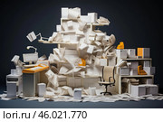 Miniature office crumbling under excessive paperwork and documents. Стоковое AI-изображение, AI-художник Иван Рябоконь / Фотобанк Лори
