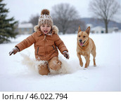 Улыбающийся мальчик в зимней одежде играет со своей собакой на снежной прогулке. Стоковое AI-изображение, AI-художник Сергей Никифоров-Гордеев / Фотобанк Лори