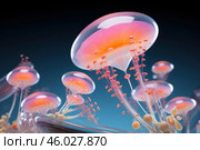 Glowing jellyfish swarm illuminates deep ocean waters with bioluminescent light. Стоковое AI-изображение, AI-художник Иван Рябоконь / Фотобанк Лори