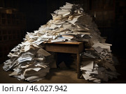 Huge pile of paperwork covering desk in archive room. Стоковое AI-изображение, AI-художник Иван Рябоконь / Фотобанк Лори