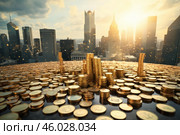 Gold coins showing increasing profits in front of city skyline at sunset. Стоковое AI-изображение, AI-художник Иван Рябоконь / Фотобанк Лори