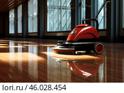 Modern floor scrubber cleaning polished wooden floor in office building. Стоковое AI-изображение, AI-художник Иван Рябоконь / Фотобанк Лори