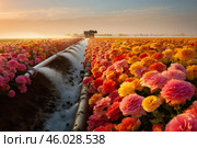 Carlsbad flower fields at sunrise with water flowing through irrigation pipes. Стоковое AI-изображение, AI-художник Иван Рябоконь / Фотобанк Лори