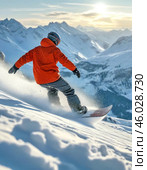 Snowboarding is a winter sport that involves sliding down snowy mountain slopes or performing acrobatic tricks on a specially designed board. Стоковое AI-изображение, AI-художник Сергей Елизарьев / Фотобанк Лори