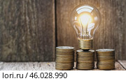 Counting and Calculate Cost Money of Electricity and Heating Bill. Electric Glowing Light Bulb and Stack of Coins on a Light Background. Increase in the Cost of Electricity. Price Hike. Energy Crisis. Стоковое AI-видео, аниматор Марина Демидюк / Фотобанк Лори