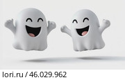 White Cute Ghost Featuring Happy and Cheerful Faces Expression. Bright Playful Ghosts are Perfect for Creating Fun and Whimsical Design Concepts. Smiling Friendly Halloween Characters. 3d cartoon. Стоковое AI-видео, аниматор Марина Демидюк / Фотобанк Лори