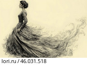 An elegant woman in a long dress, made in monochrome. Her silhouette is worked out with incredible detail, the dress seems to flow and disintegrate into streams, similar to waves or wind lines. The woman's hair is neatly styled, her face radiates calm and concentration. The composition has lightness and grace, conveys a sense of movement and ephemerality. Стоковое AI-изображение, AI-художник Анна Кривицкая / Фотобанк Лори