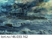 Abandoned house being engulfed by rising sea levels during storm surge. Стоковое AI-изображение, AI-художник Иван Рябоконь / Фотобанк Лори