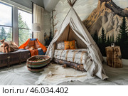 Cozy kids room embracing the spirit of camping with teepee and mountain mural. Стоковое AI-изображение, AI-художник Иван Рябоконь / Фотобанк Лори