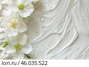 White cream texture and flowers. Body lotion swipe swatch. Skincare mask. Cosmetic face serum smudge. Moisturizer smooth smear. Trendy bio selfcare beauty product. Peptides, ceramides, retinol. CC, BB. Стоковое AI-изображение, AI-художник Евгений Демидюк / Фотобанк Лори
