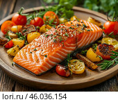 Лосось запечённый с овощами, красивая подача. Стоковое AI-изображение, AI-художник Руслан Лесков / Фотобанк Лори