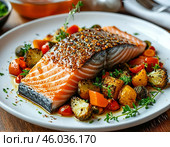 Красная рыба запечённая с овощами. Стоковое AI-изображение, AI-художник Руслан Лесков / Фотобанк Лори