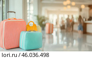 Travel bags in modern hotel lobby with blurred receptionists. Стоковое AI-изображение, AI-художник Анастасия Золотницкая / Фотобанк Лори